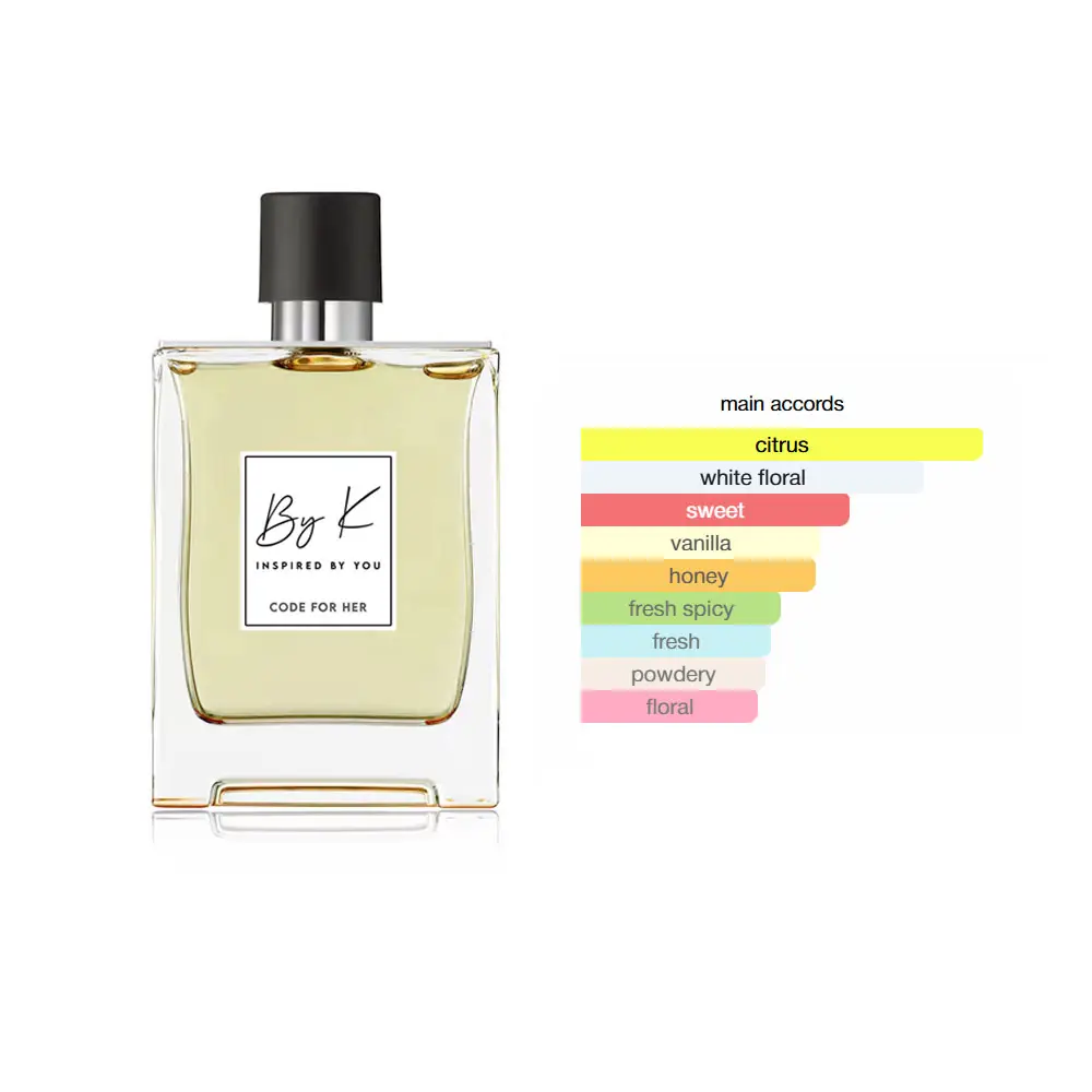 60ml Code For Women Eau de Parfum inspired by Armani Code, displayed with elegant floral and citrus elements in a warm, sensual setting.