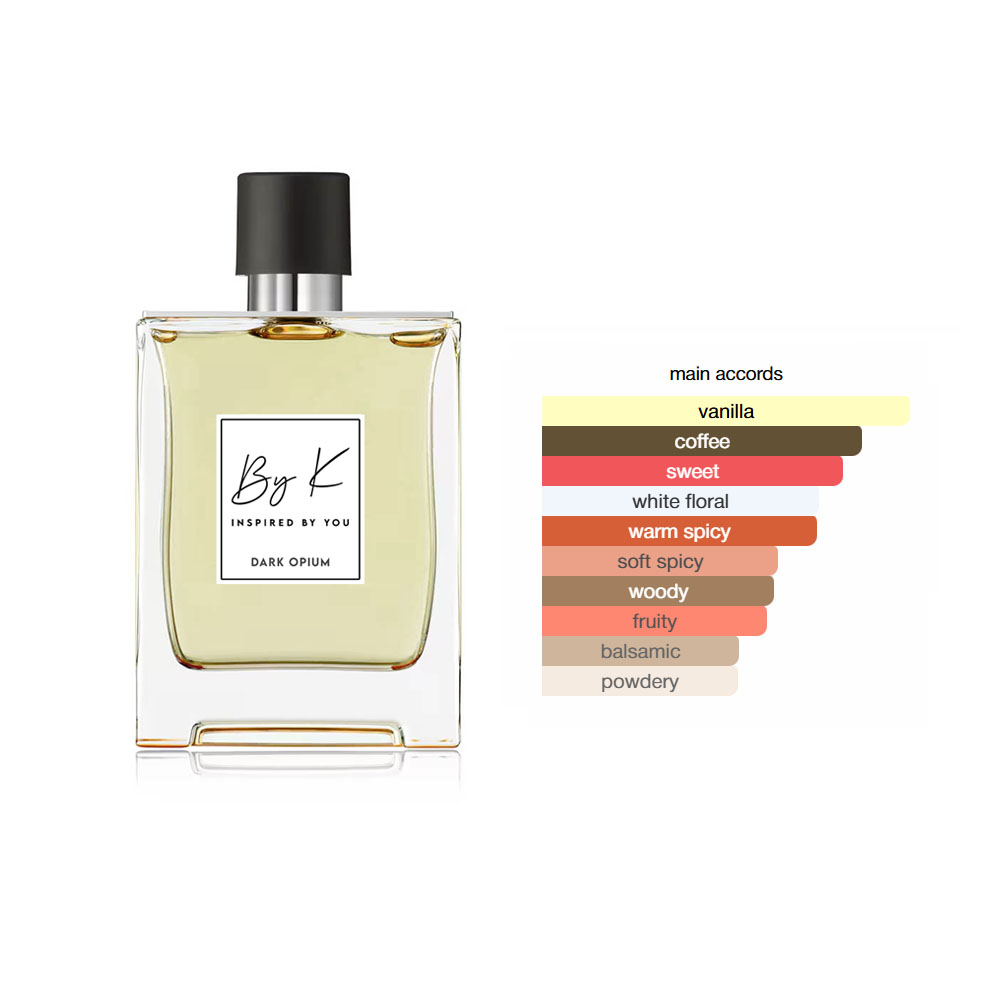 Dark Opium – Inspired by Black Opium (60ml Eau de Parfum) 60ml Dark Opium Eau de Parfum bottle inspired by YSL Black Opium, surrounded by coffee beans, vanilla pods, and floral accents in a moody, nighttime setting.