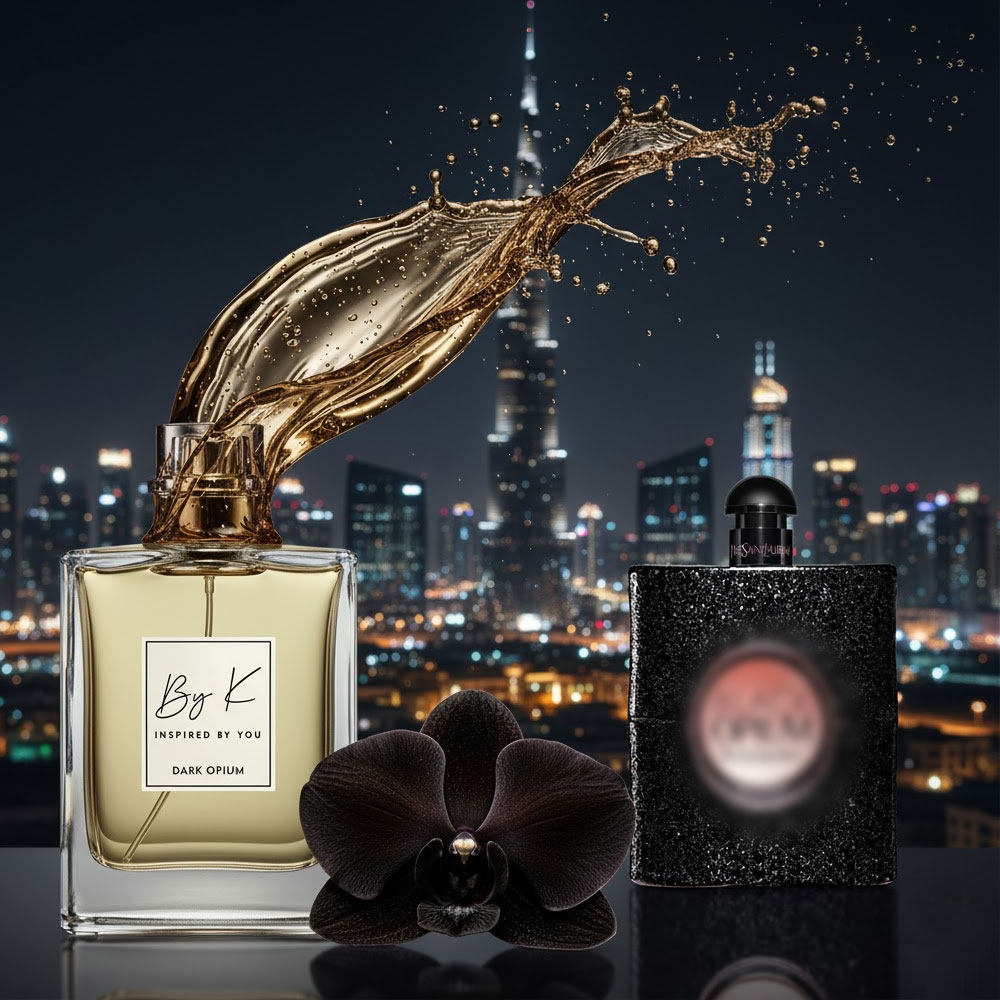 ByK Dark Opium vs YSL Black Opium Comparison ByK Dark Opium perfume bottle beside YSL Black Opium original fragrance