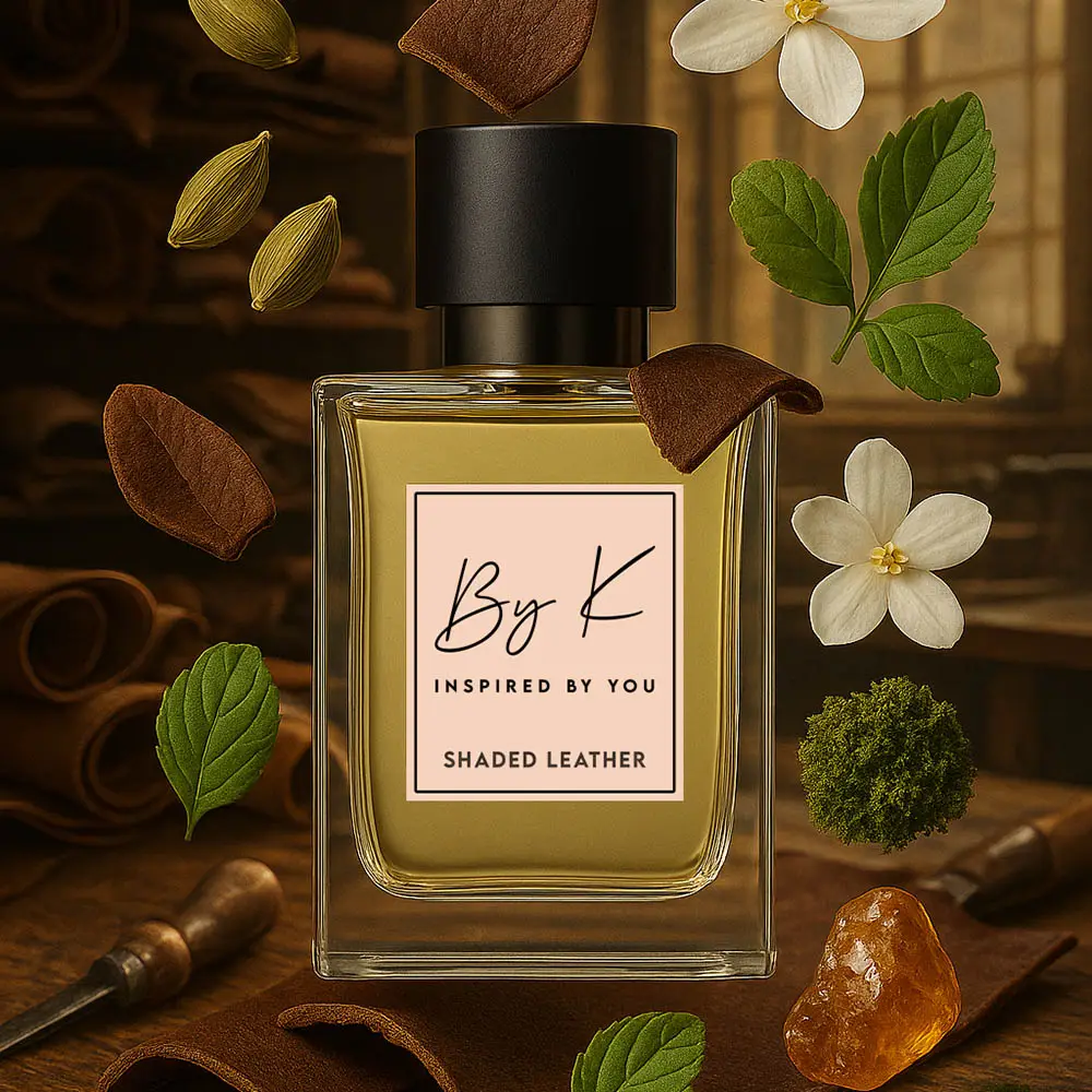 Shaded Leather perfume inspired by Tom Ford Ombre Leathe Shaded Leather perfume inspired by Tom Ford Ombre Leather with floating ingredients – cardamom, leather, jasmine sambac, amber, moss, and patchoul