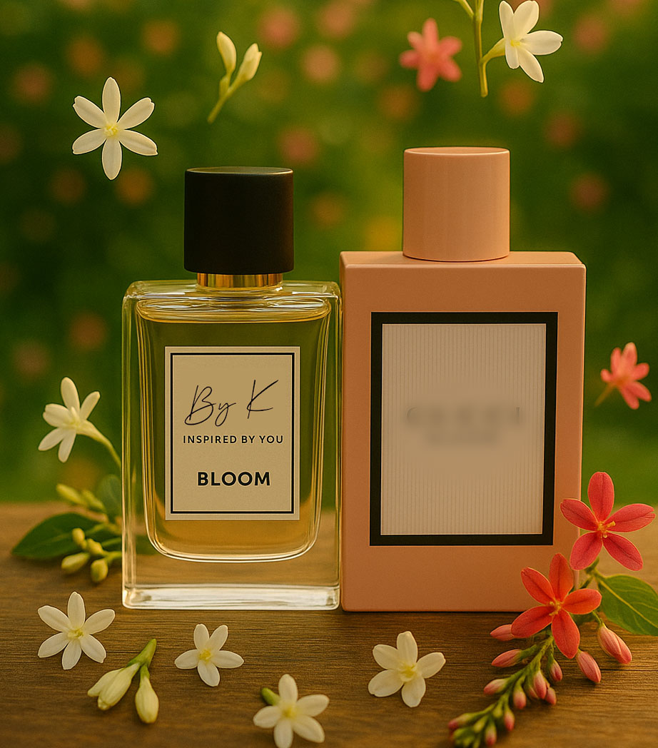 ByK Bloom vs Gucci Bloom Comparison ByK Bloom perfume bottle beside Gucci Bloom original fragrance