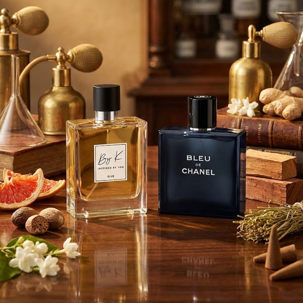 ByK Blue vs Bleu de Chanel Comparison ByK Blue perfume bottle beside Bleu de Chanel original fragrance